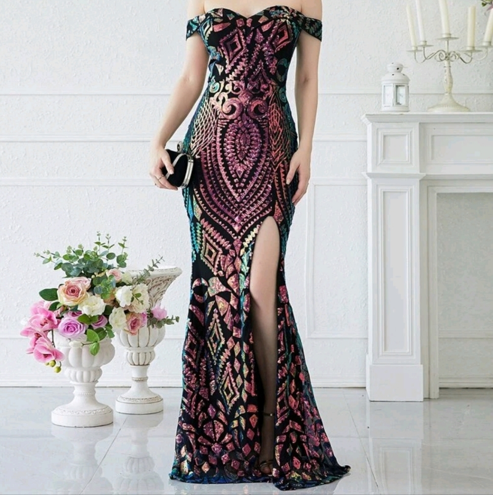 Off Shoulder Split Thigh Sequin Formal Evening Gown